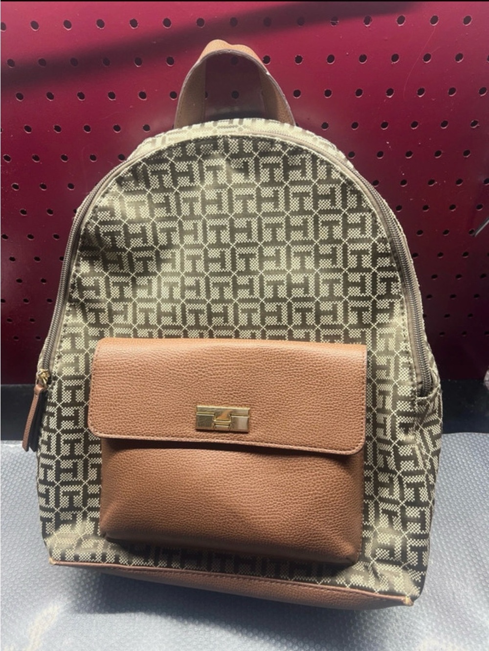 Tommy Hilfiger Beige Patterned Backpack with Brown Front Pocket